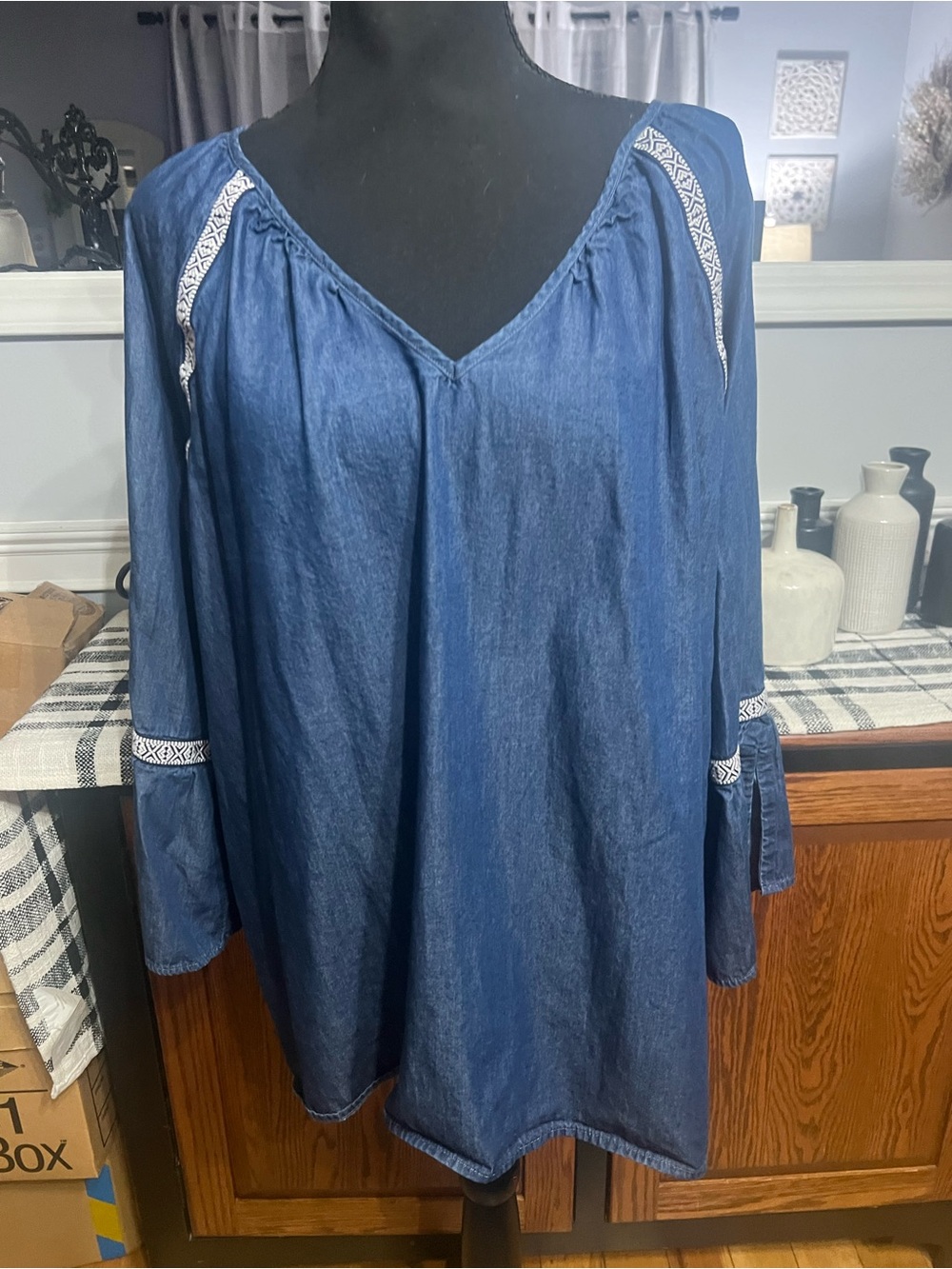 New Directions Women’s Dark Blue Embroidered Peasant Top